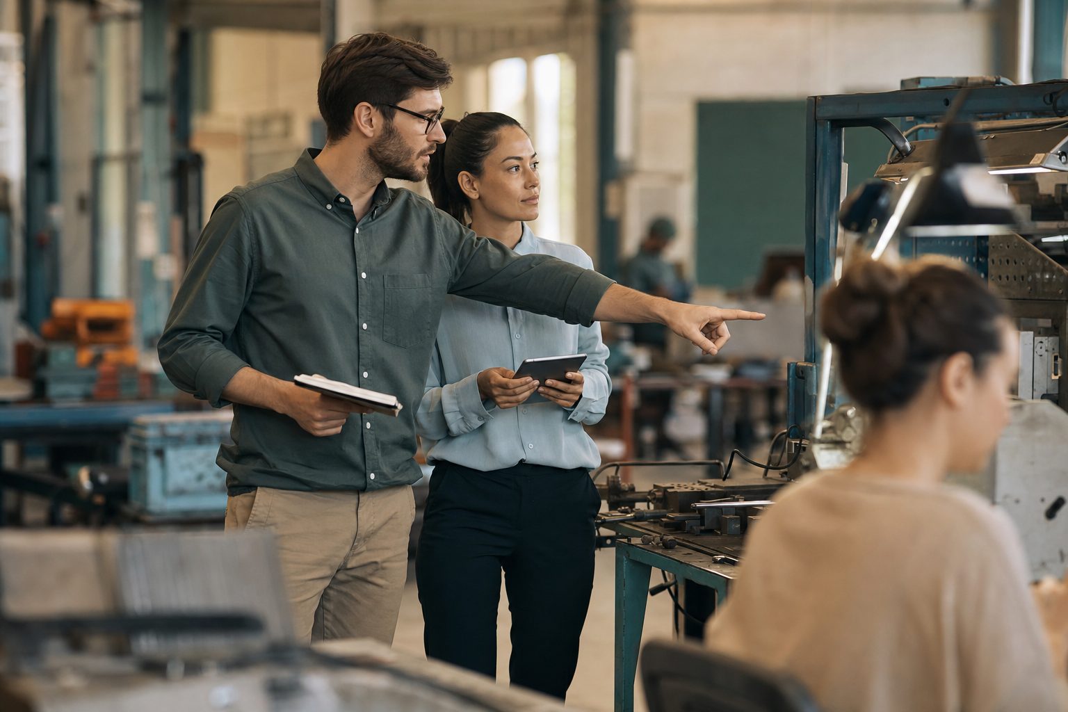 Consultants en ergonomie observant un poste de travail en milieu industriel