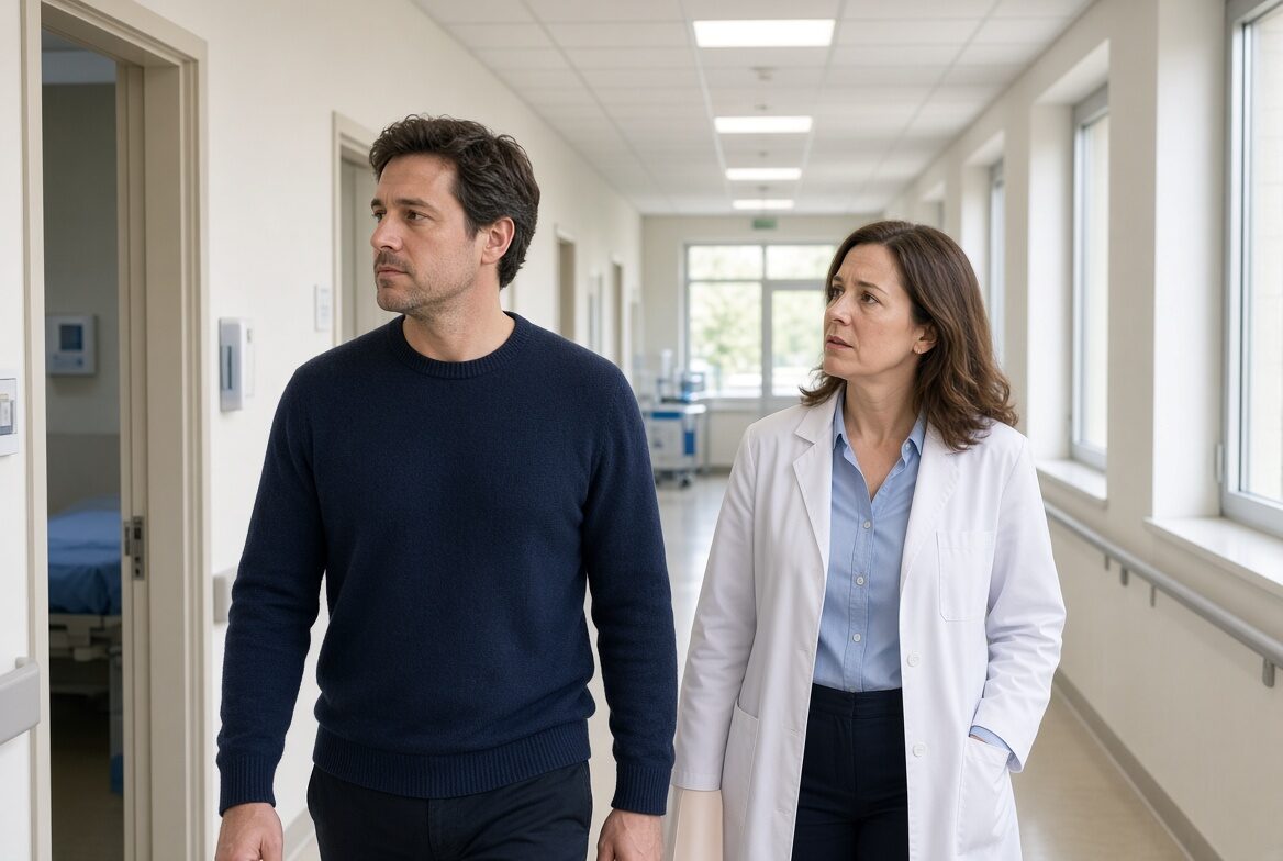 Échange dans un couloir d'établissement de santé