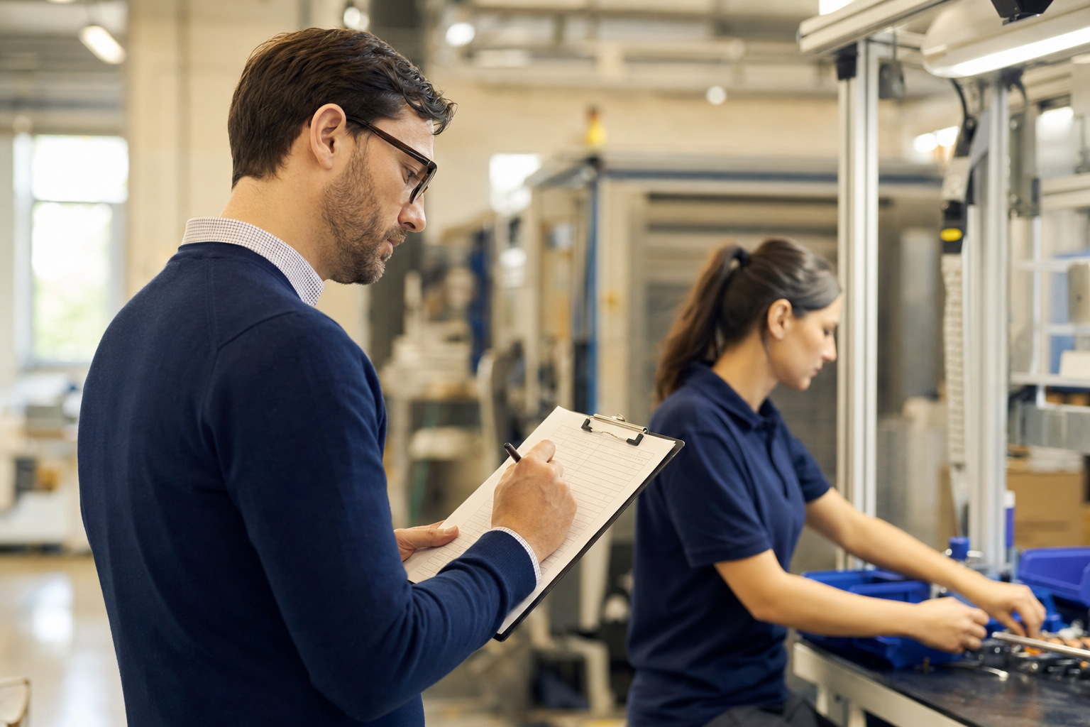 Ergonome observant un poste de travail en atelier, carnet en main, aux côtés d'une opératrice