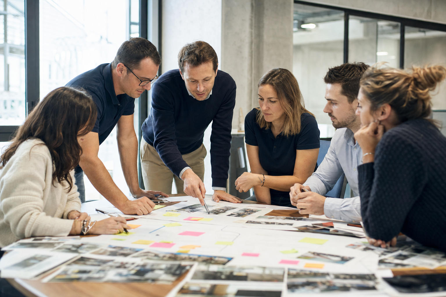 Groupe de travail réuni autour de photographies de postes de travail et de notes